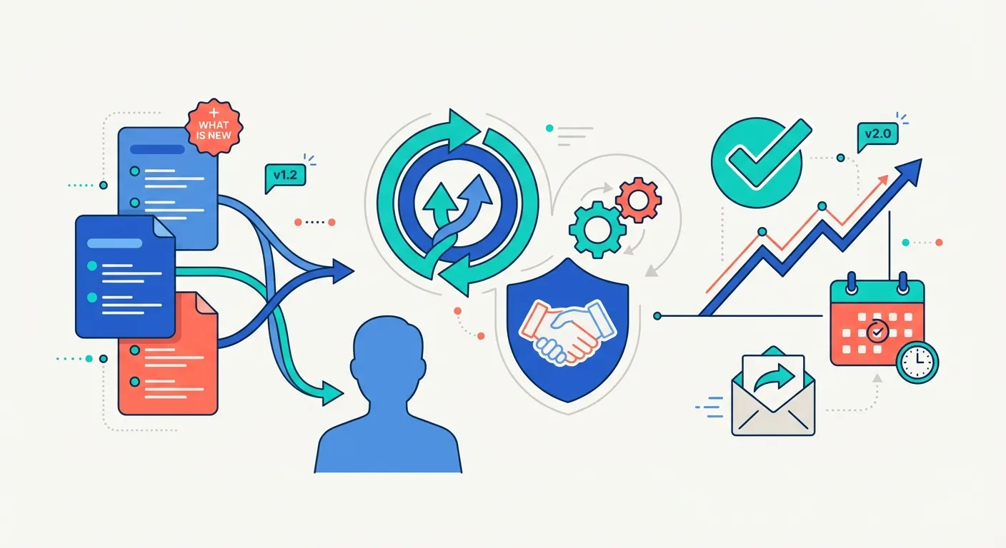 Illustration of changelog entries flowing toward a customer, with retention icons like circular arrows and a shield, representing changelogs as customer retention tools