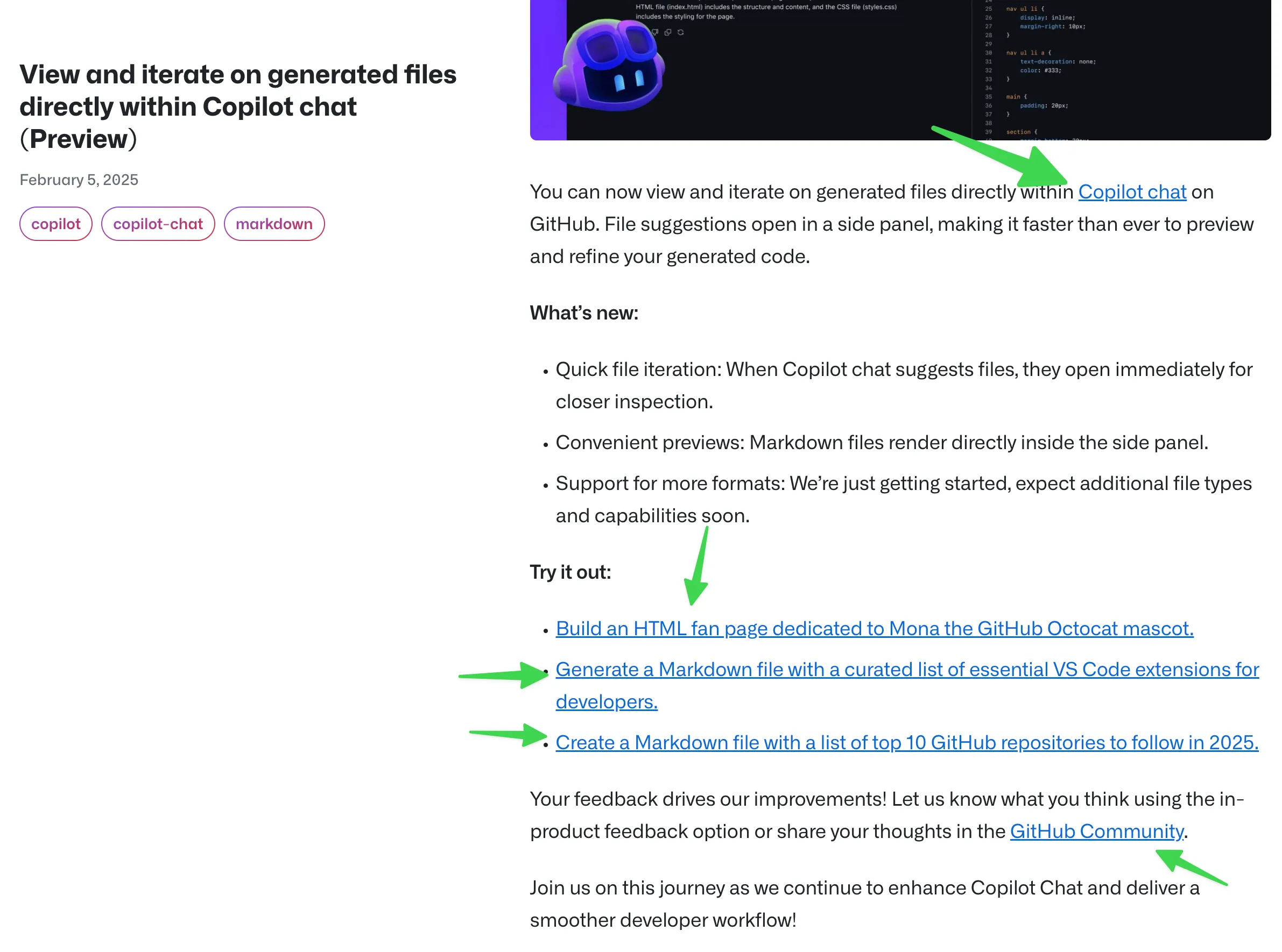 GitHub changelog entry about viewing and iterating on generated files in Copilot Chat with links to documentation, community feedback, and interactive examples