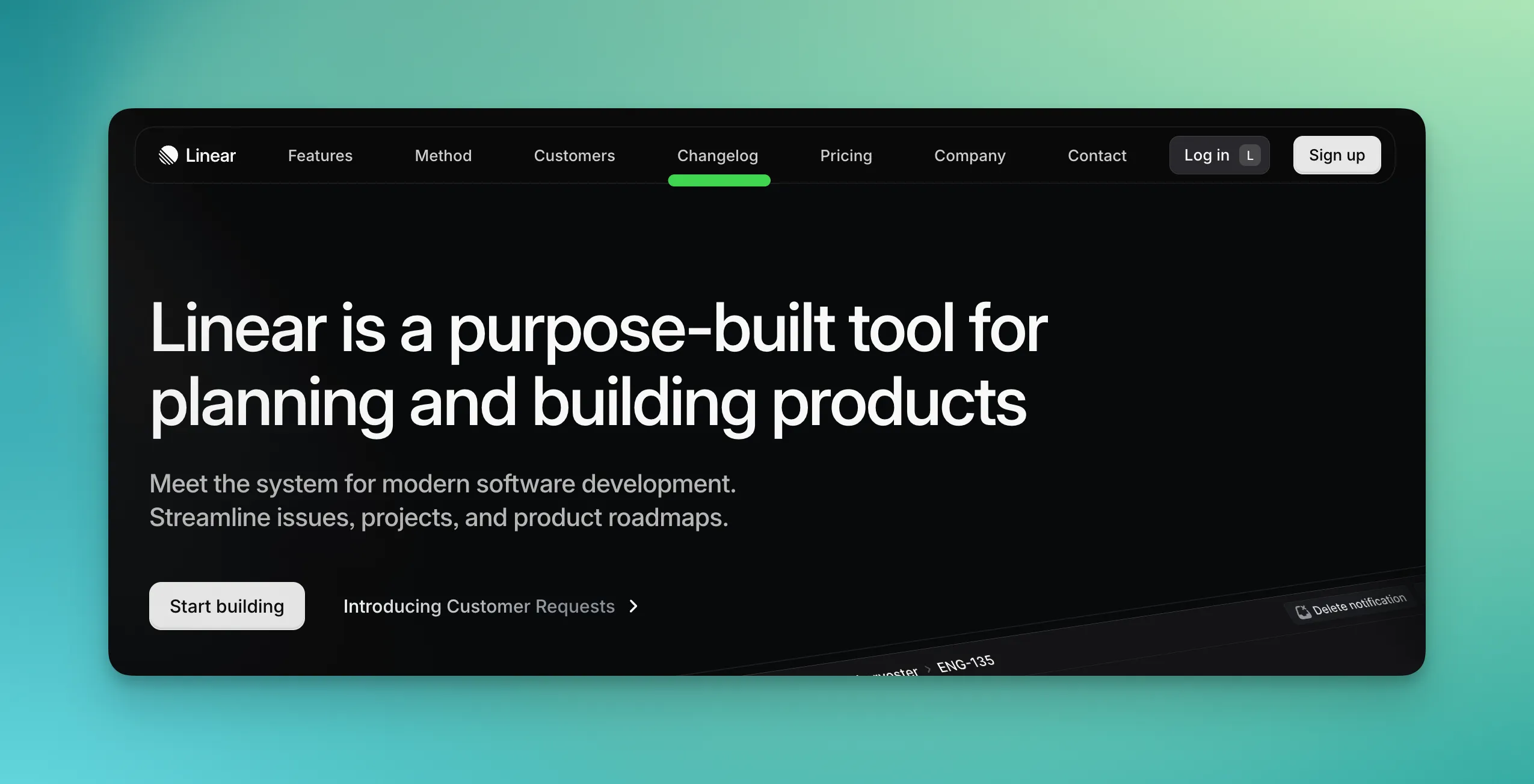 Linear's changelog promoted front and center.