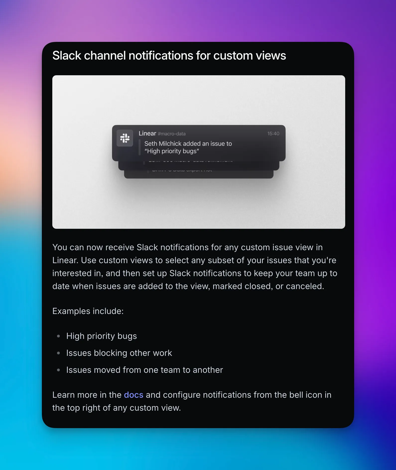 Linear's update for notifications around custom views.